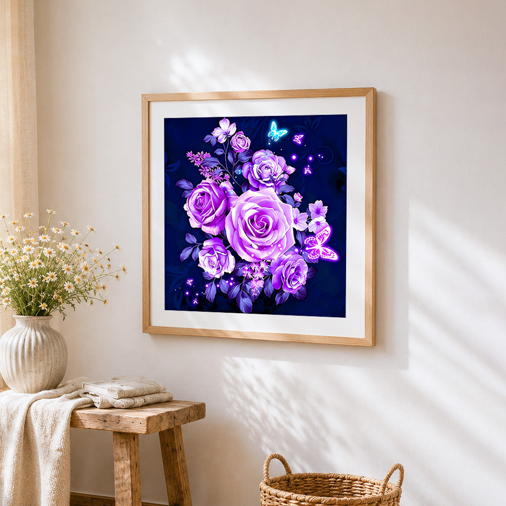 Glowing purple roses and butterflies paint by numbers artwork displayed on wall as home decor