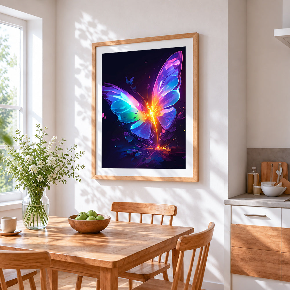 Glowing rainbow butterfly cross stitch artwork displayed on wall as home decor