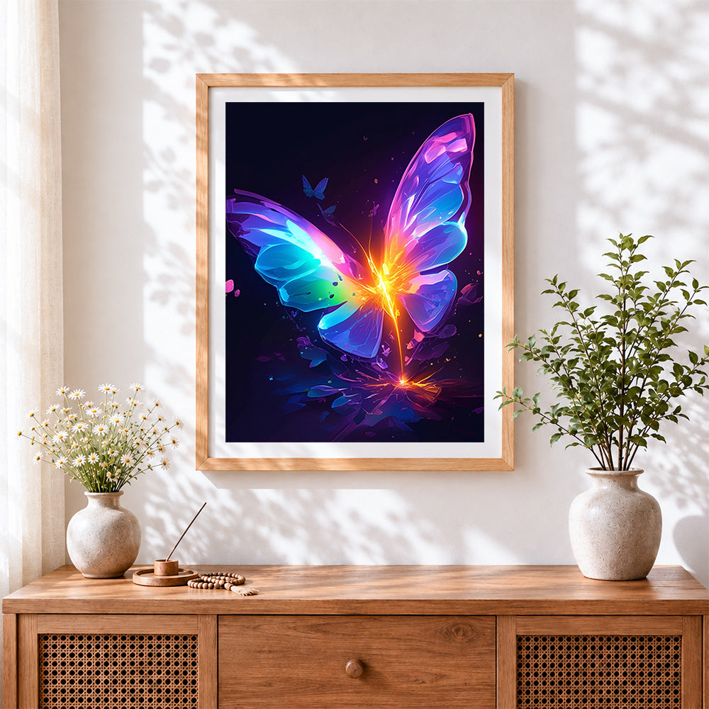Finished glowing rainbow butterfly paint by numbers artwork displayed as home decor