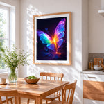 Glowing rainbow butterfly paint by numbers artwork displayed on wall as home decor