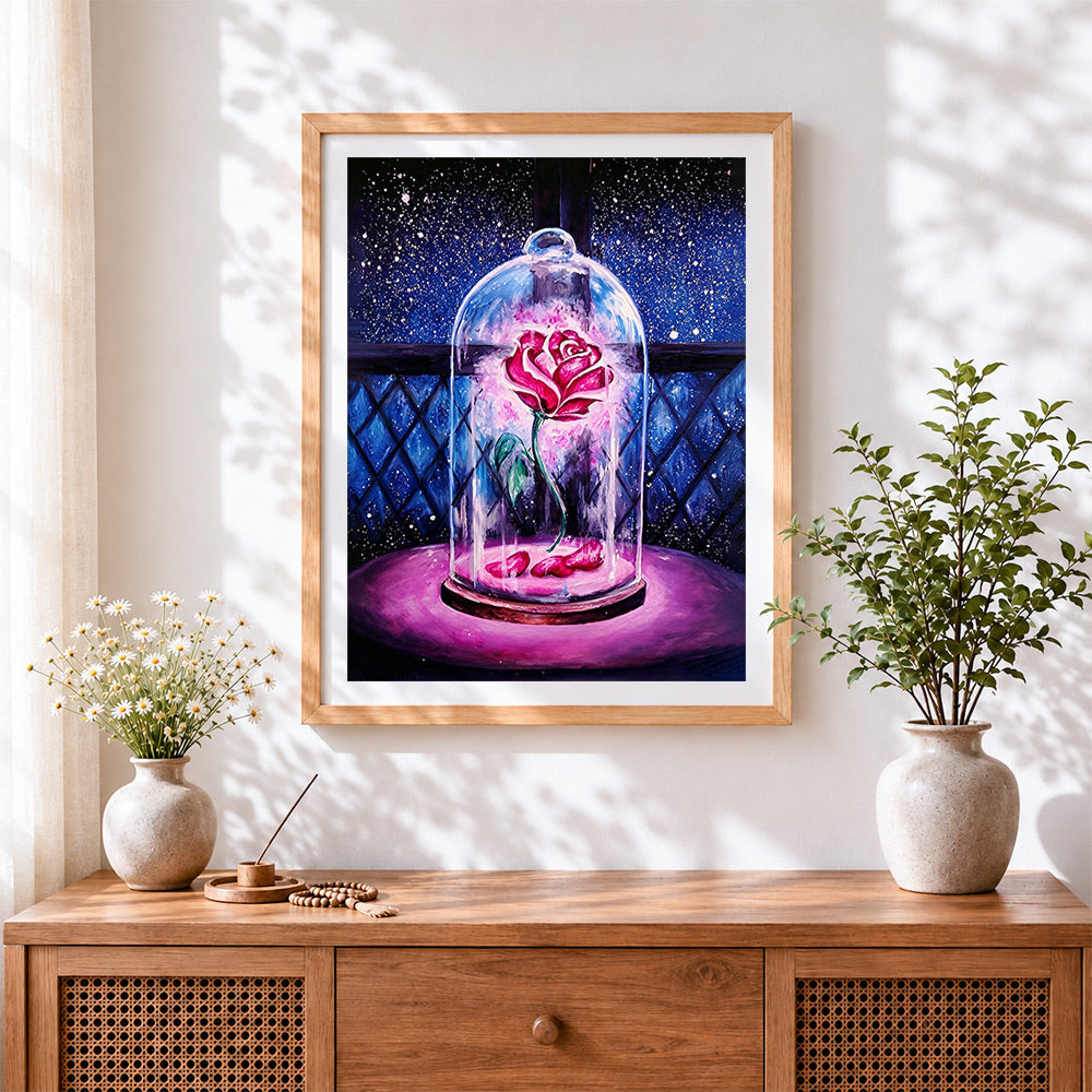 Finished glowing rose in glass dome cross stitch artwork displayed