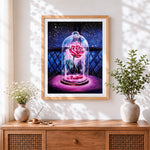 Finished glowing rose in glass dome cross stitch artwork displayed