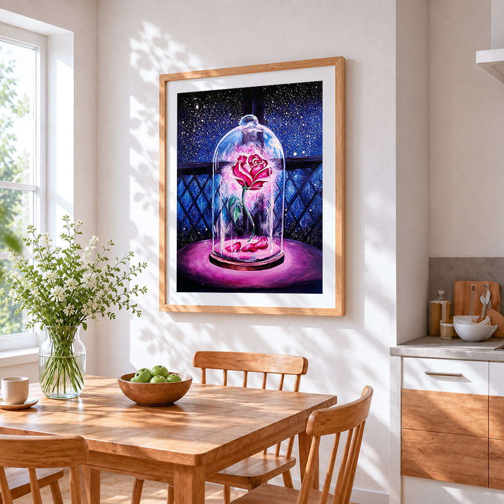 Glowing rose in glass dome cross stitch artwork displayed on wall as home decor