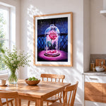 Glowing rose in glass dome cross stitch artwork displayed on wall as home decor