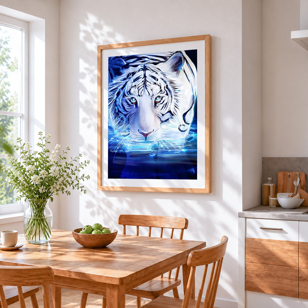 Glowing tiger in water cross stitch artwork displayed on wall as home decor