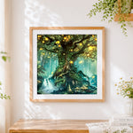 Finished glowing tree in enchanted forest cross stitch artwork displayed