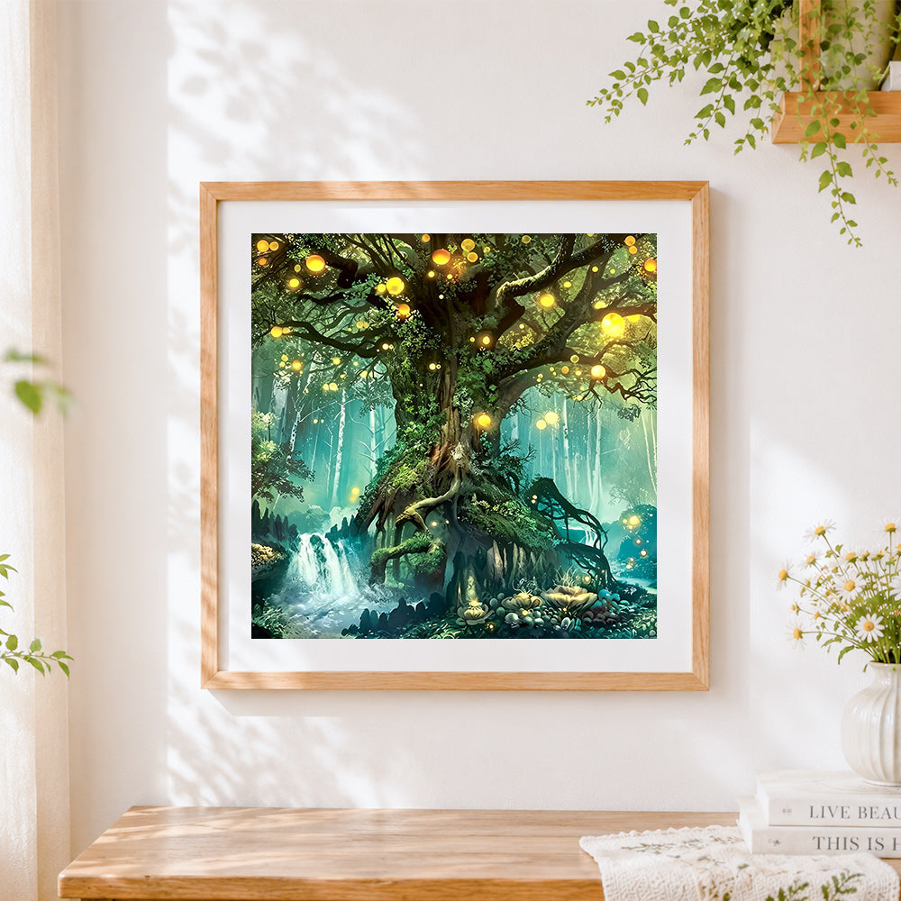 Finished glowing tree in enchanted forest cross stitch artwork displayed
