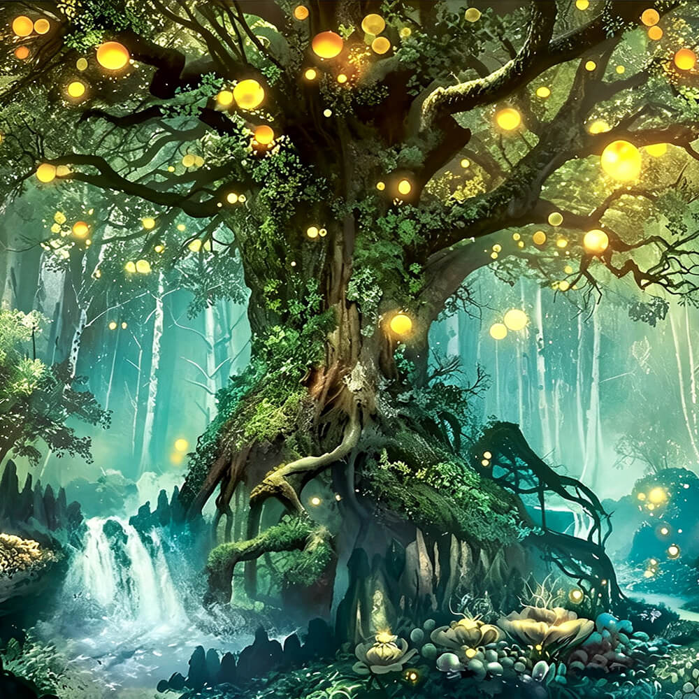 Glowing tree in enchanted forest paint by numbers kit for beginners