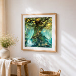 Glowing tree in enchanted forest paint by numbers artwork displayed on wall as home decor