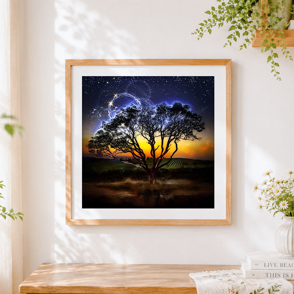Finished glowing tree under starry night cross stitch artwork displayed