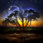 Glowing tree under starry night cross stitch kit for beginners