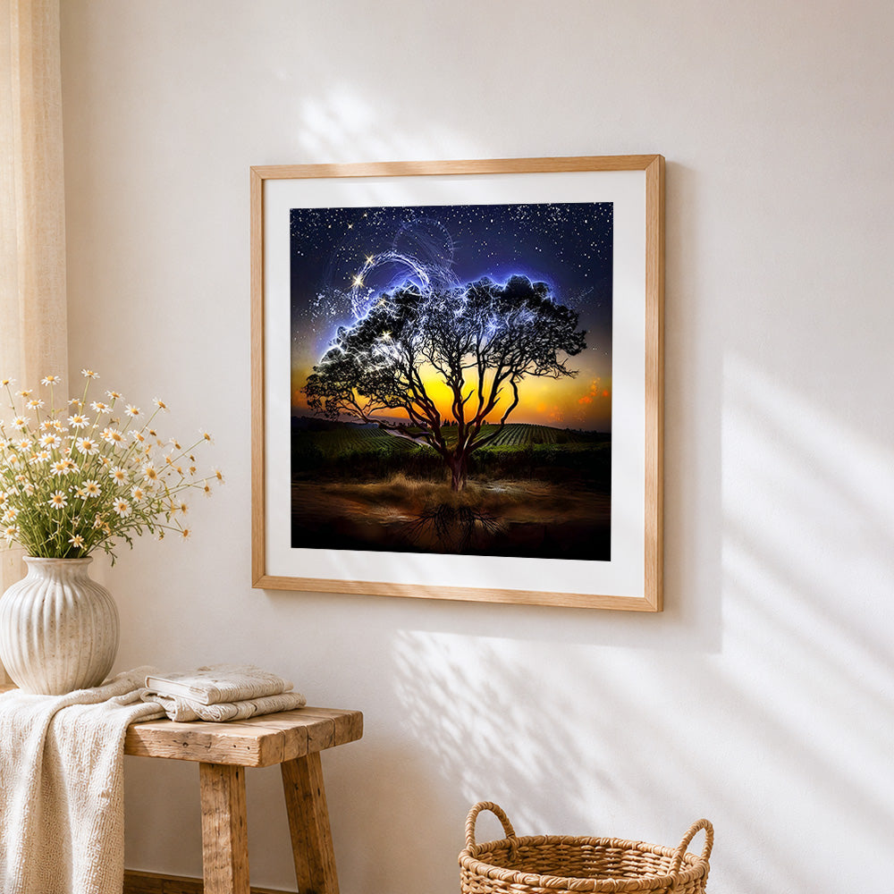 Glowing tree under starry night cross stitch artwork displayed on wall as home decor