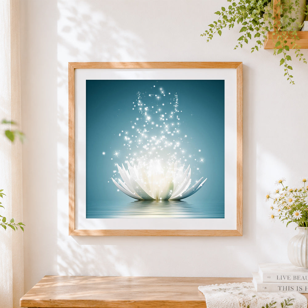 Finished glowing white lotus flower paint by numbers artwork displayed as home decor