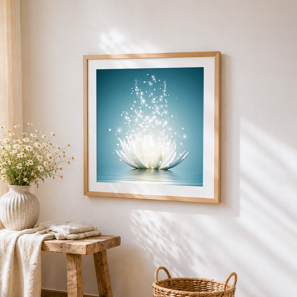 Glowing white lotus flower paint by numbers artwork displayed on wall as home decor