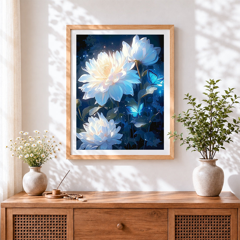 Finished glowing white peonies and butterflies cross stitch artwork displayed
