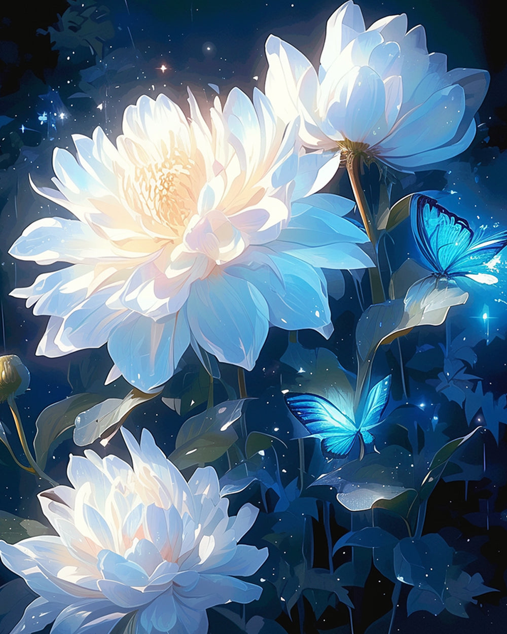 Glowing white peonies and butterflies cross stitch kit for beginners