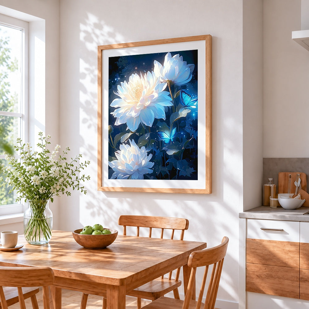 Glowing white peonies and butterflies cross stitch artwork displayed on wall as home decor