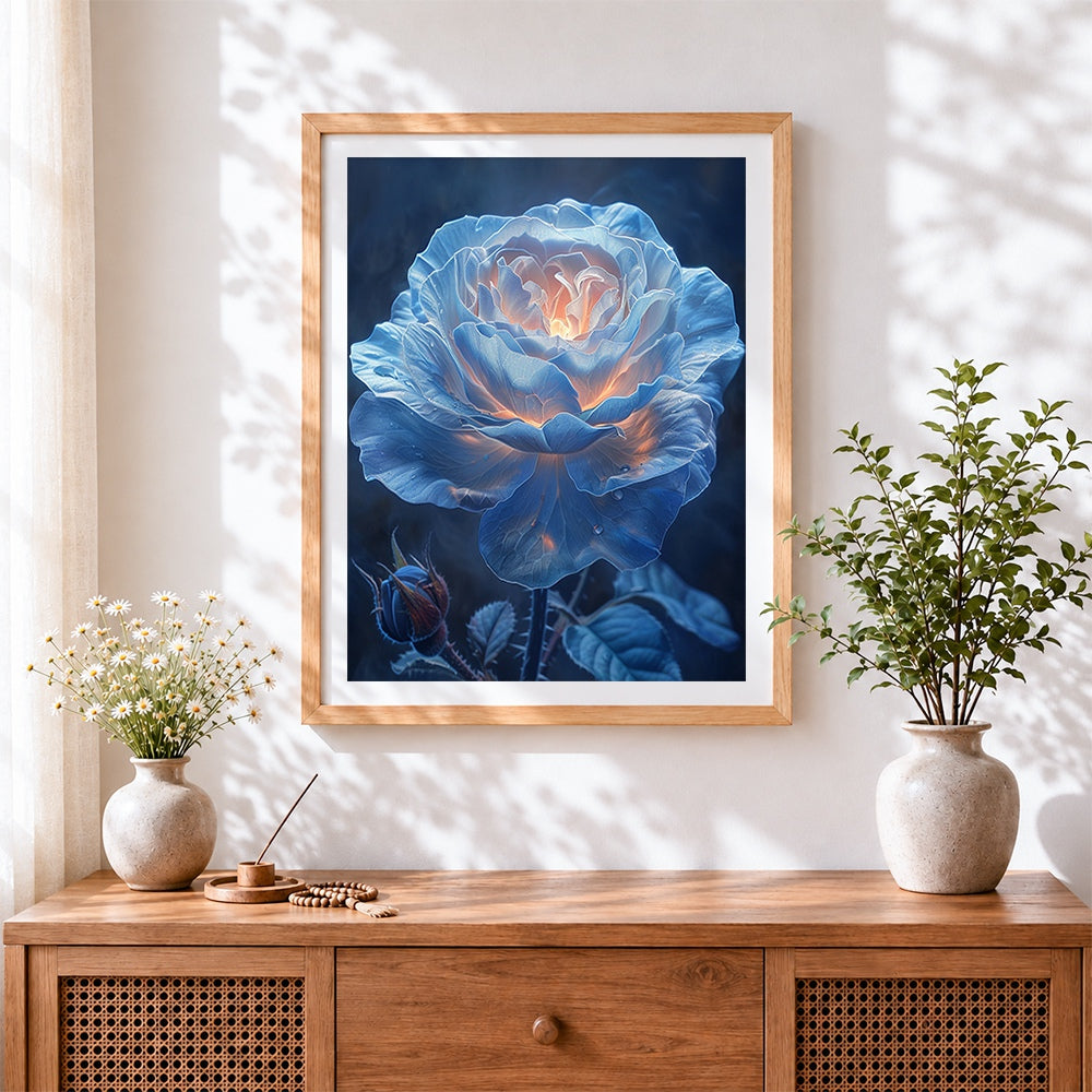 Finished glowing white rose cross stitch artwork displayed