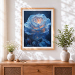 Finished glowing white rose cross stitch artwork displayed