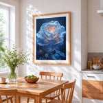 Glowing white rose cross stitch artwork displayed on wall as home decor