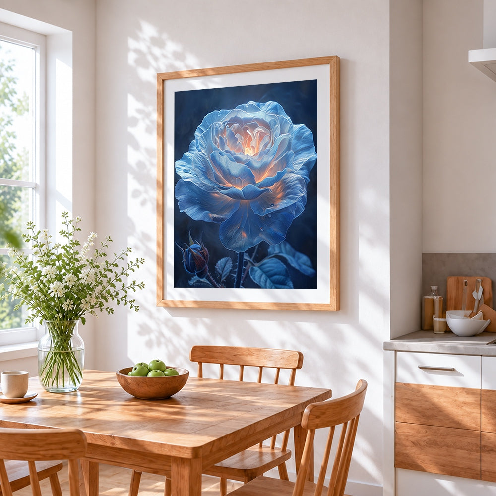 Glowing white rose cross stitch artwork displayed on wall as home decor