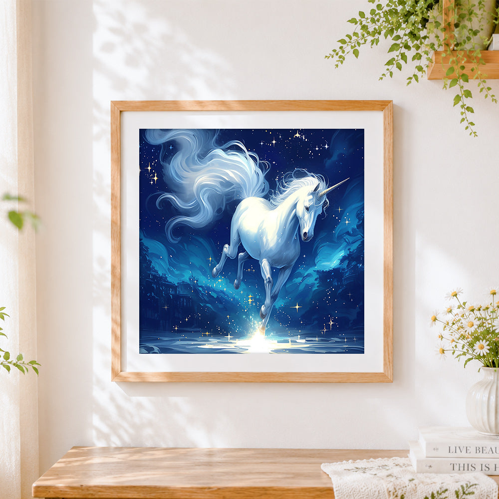Finished glowing white unicorn cross stitch artwork displayed