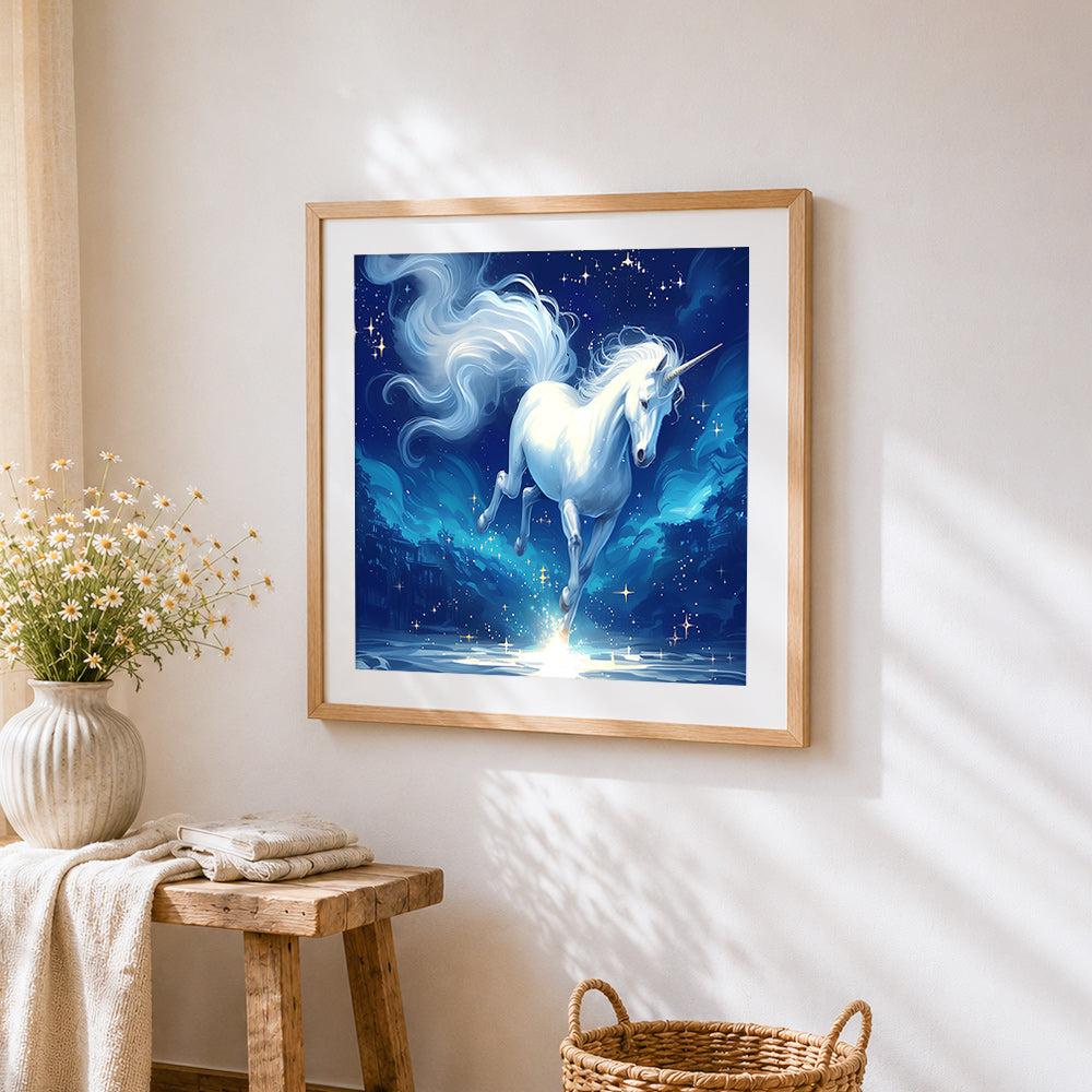 Glowing white unicorn cross stitch artwork displayed on wall as home decor