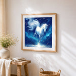 Glowing white unicorn cross stitch artwork displayed on wall as home decor