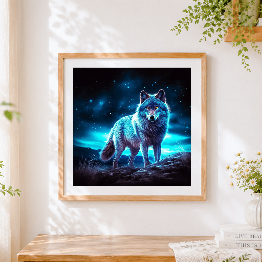 Finished glowing wolf under a starry sky cross stitch artwork displayed