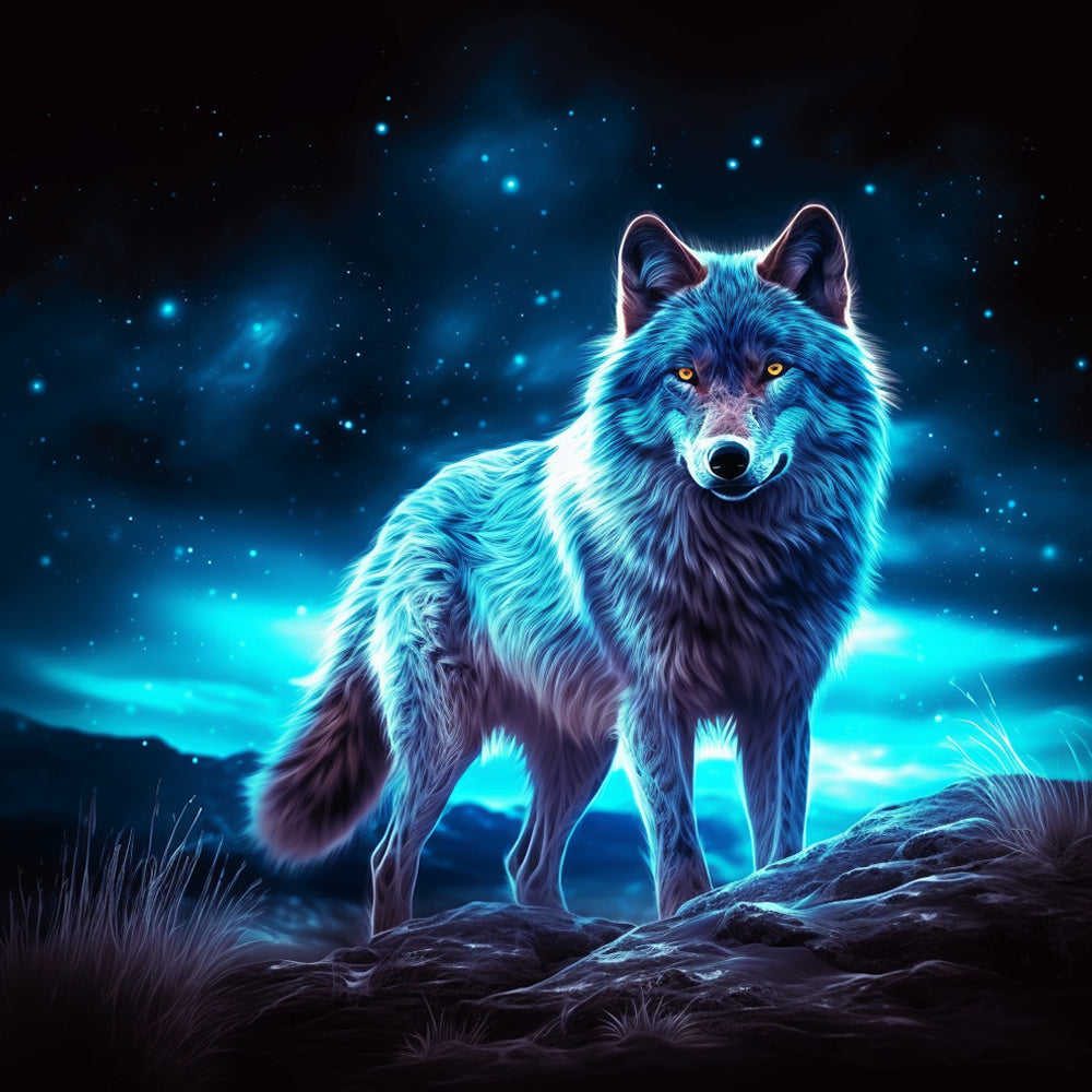 Glowing wolf under a starry sky cross stitch kit for beginners