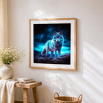 Glowing wolf under a starry sky cross stitch artwork displayed on wall as home decor