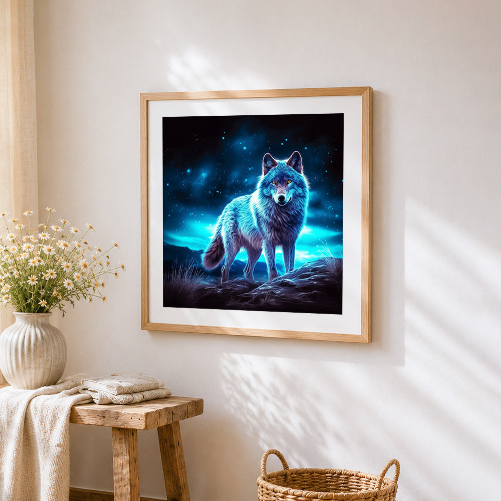 Glowing wolf under a starry sky cross stitch artwork displayed on wall as home decor