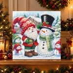 Finished gnome and snowman in winter pearl diamond painting artwork displayed as holiday home decor