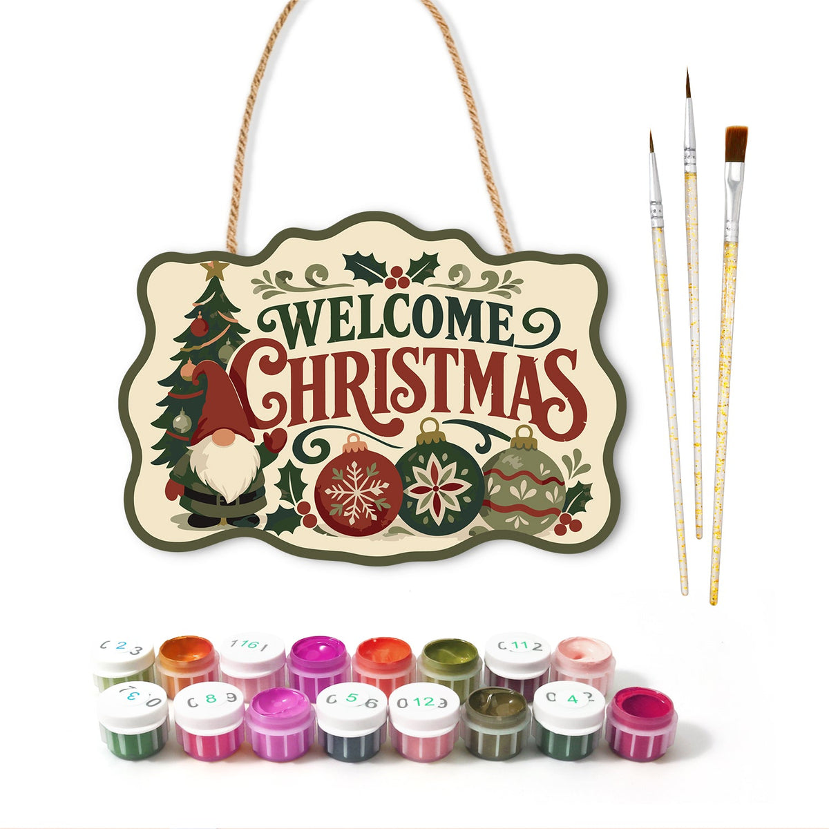 Gnome christmas welcome paint by numbers door hanger with paints and brushes