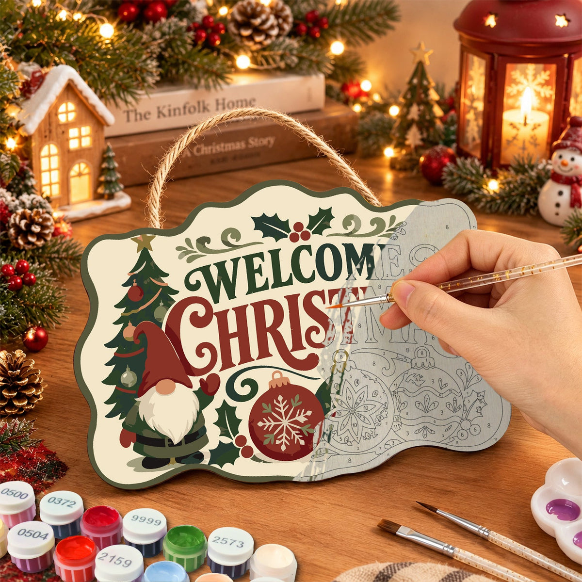 Gnome christmas welcome paint by numbers door hanger painting process