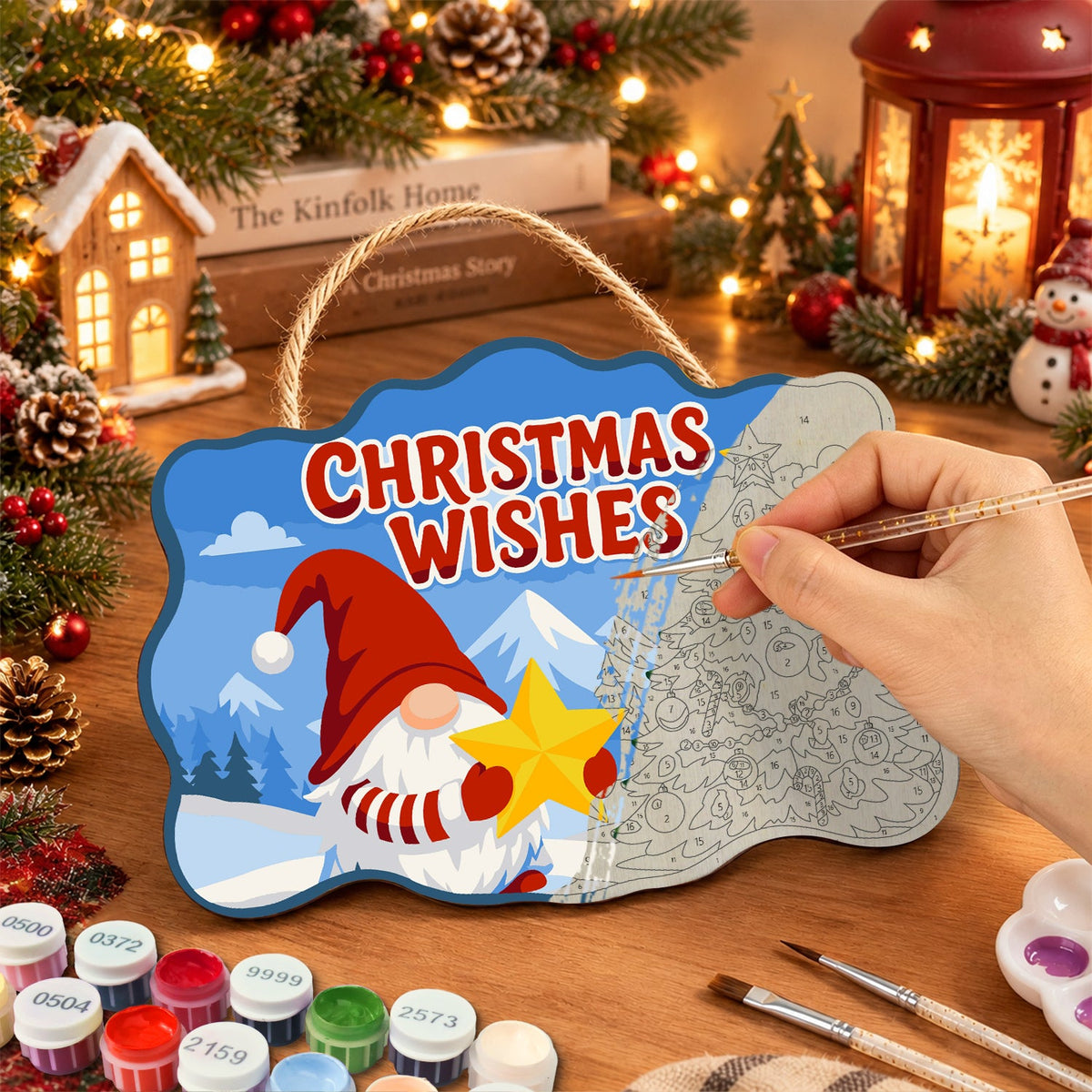 Gnome christmas wishes tree paint by numbers door hanger painting process