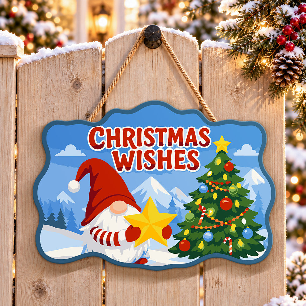 Gnome christmas wishes tree paint by numbers door hanger on a garden gate