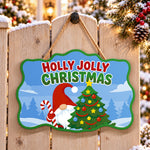 Gnome holly jolly christmas paint by numbers door hanger on a garden gate