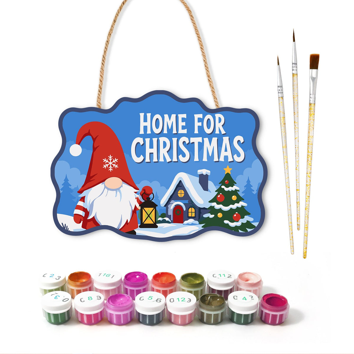 Gnome home for christmas paint by numbers door hanger with paints and brushes