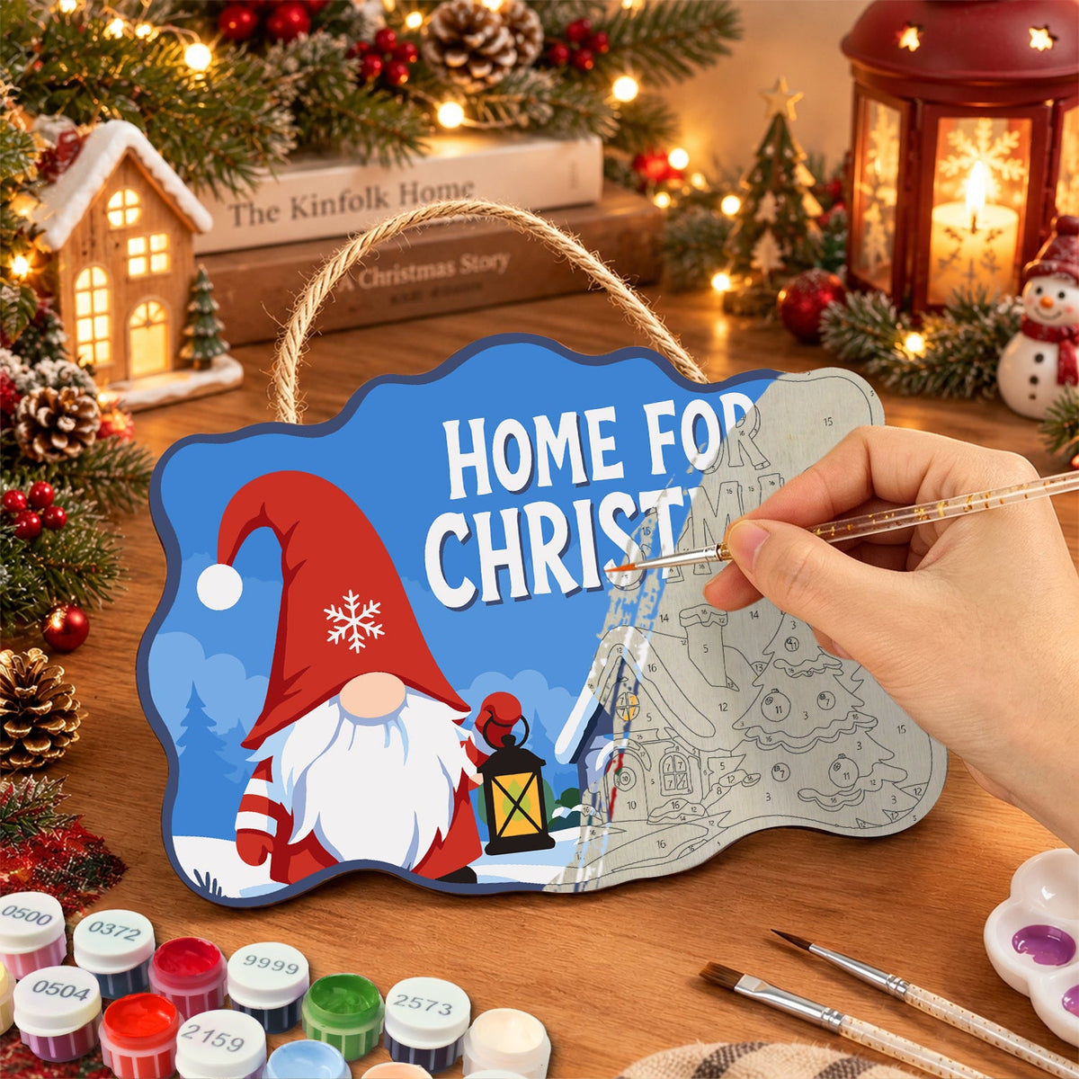 Gnome home for christmas paint by numbers door hanger painting process