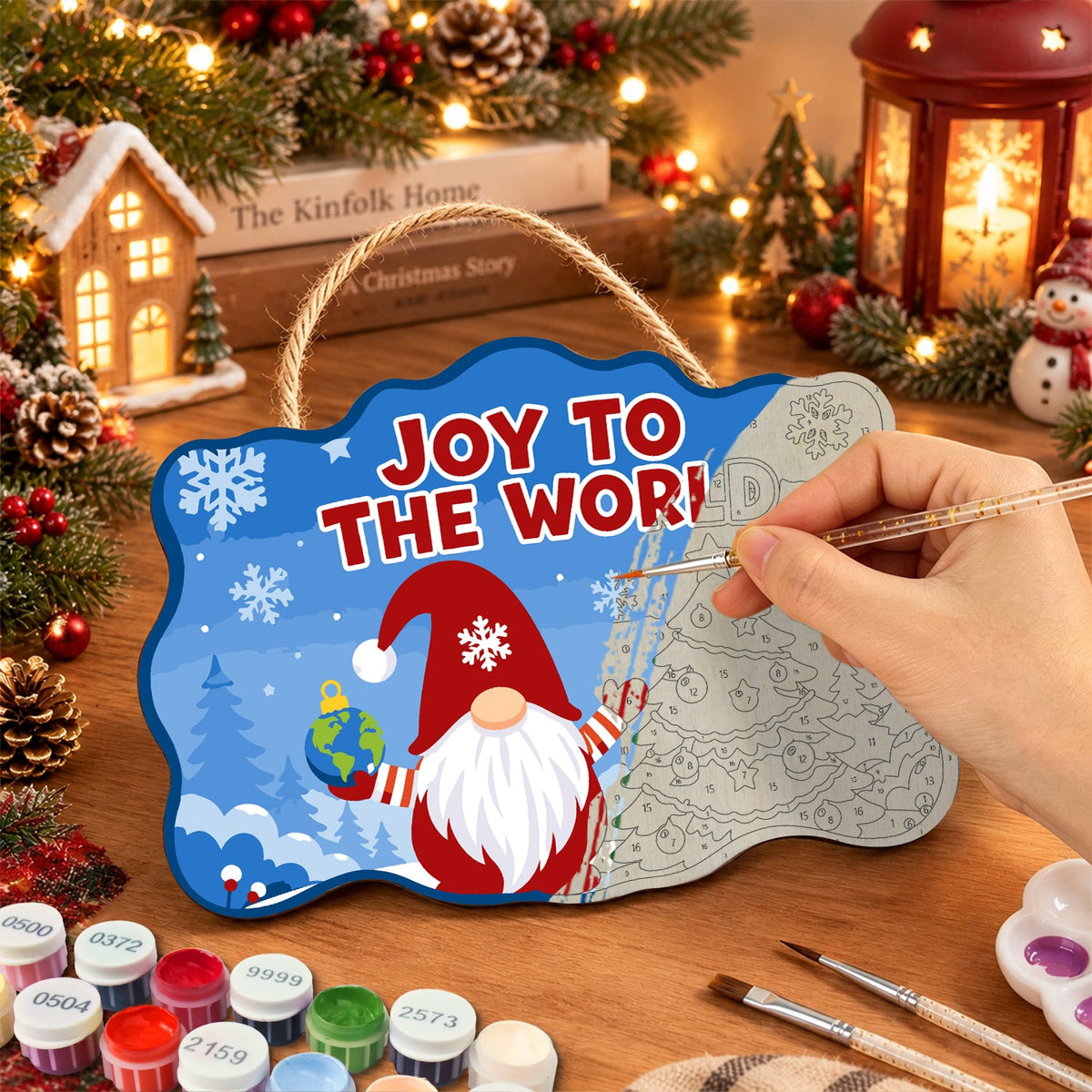 Gnome joy to the world paint by numbers door hanger painting process