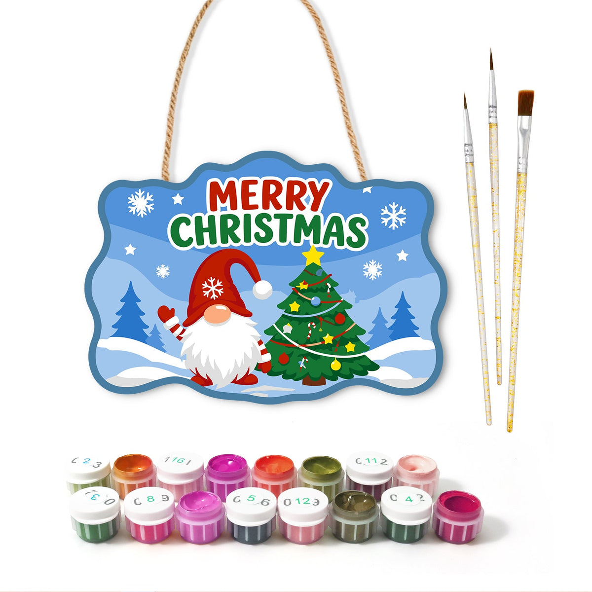 Gnome merry christmas tree paint by numbers door hanger with paints and brushes