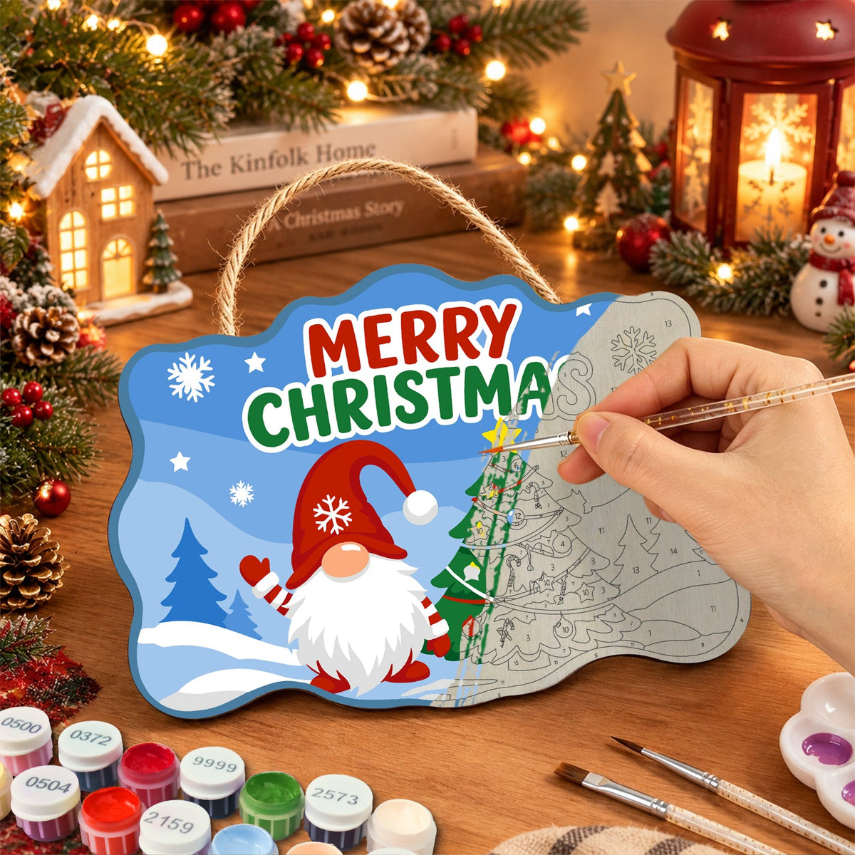 Gnome merry christmas tree paint by numbers door hanger painting process