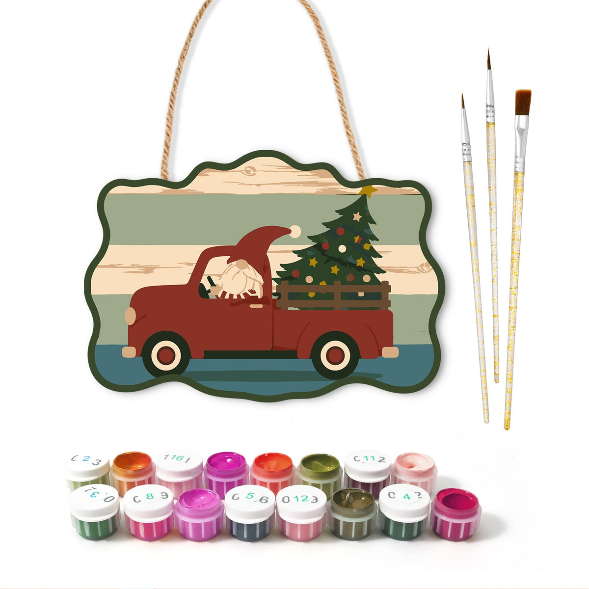 Gnome red truck trip paint by numbers door hanger with paints and brushes