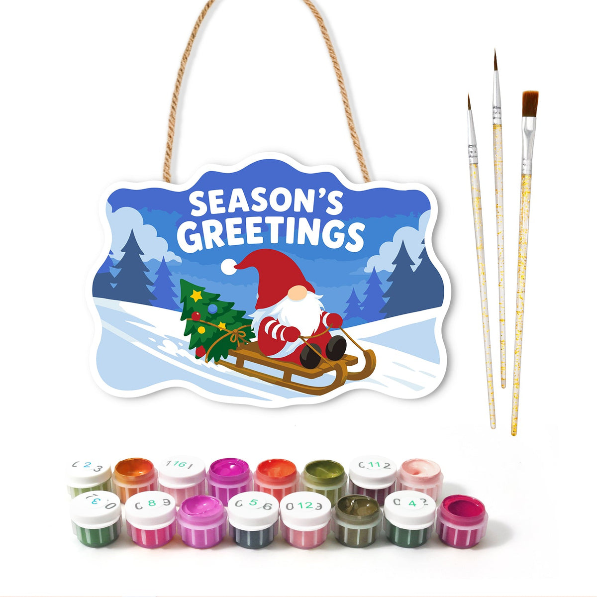 Gnome sled season’s greetings paint by numbers door hanger with paints and brushes