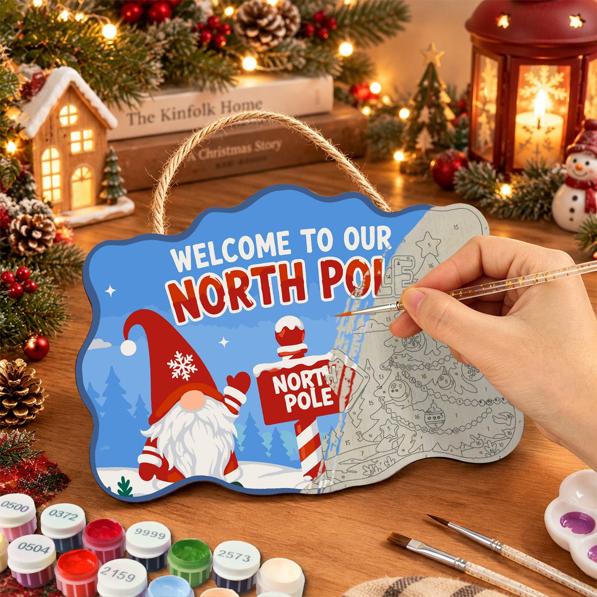 Gnome welcome to our north pole paint by numbers door hanger painting process