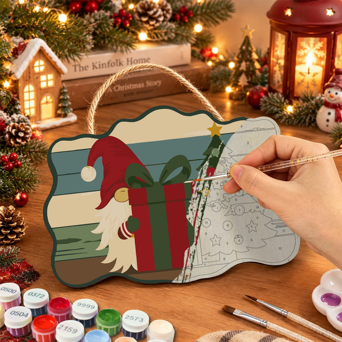 Gnome with gift box paint by numbers door hanger painting process