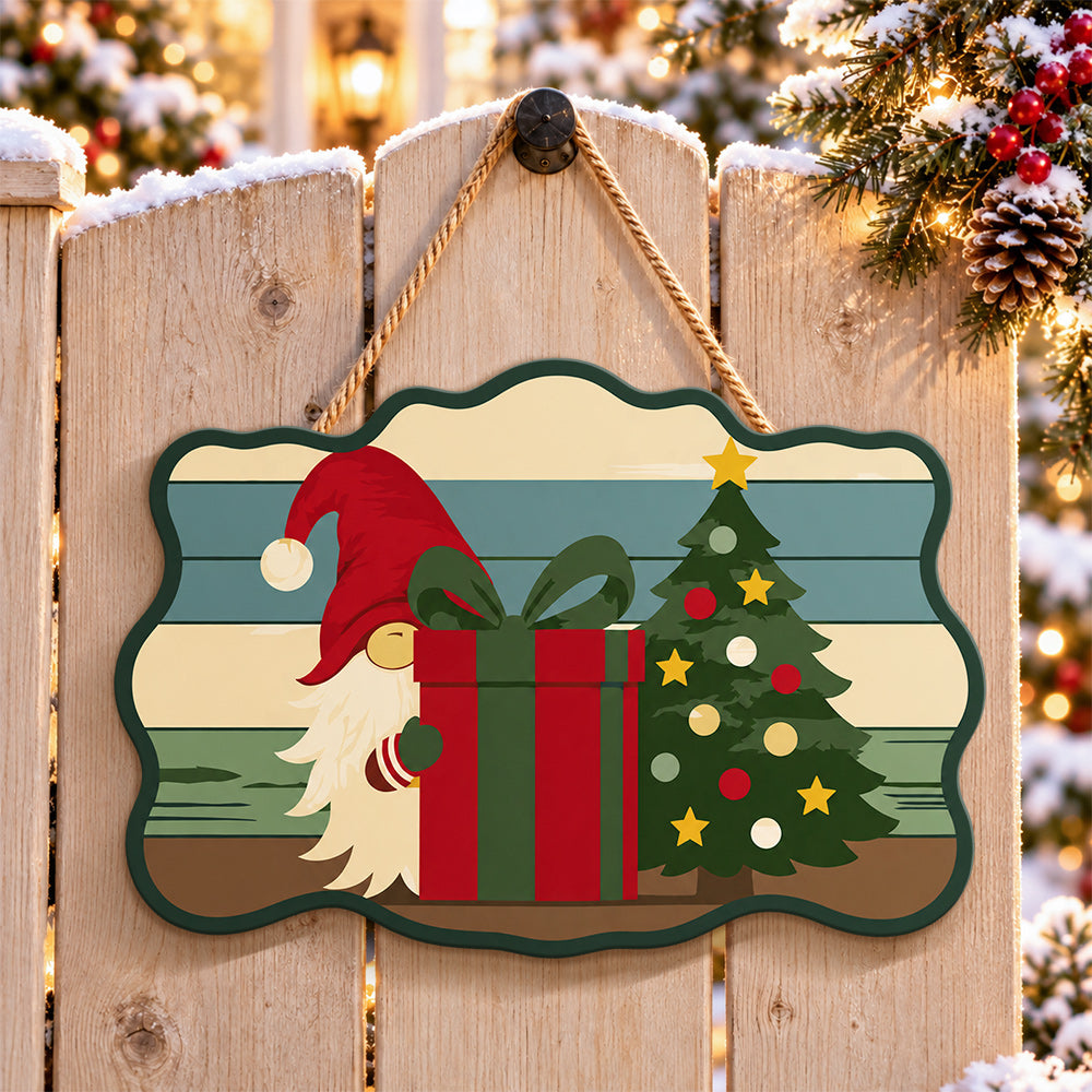 Gnome with gift box paint by numbers door hanger on a garden gate