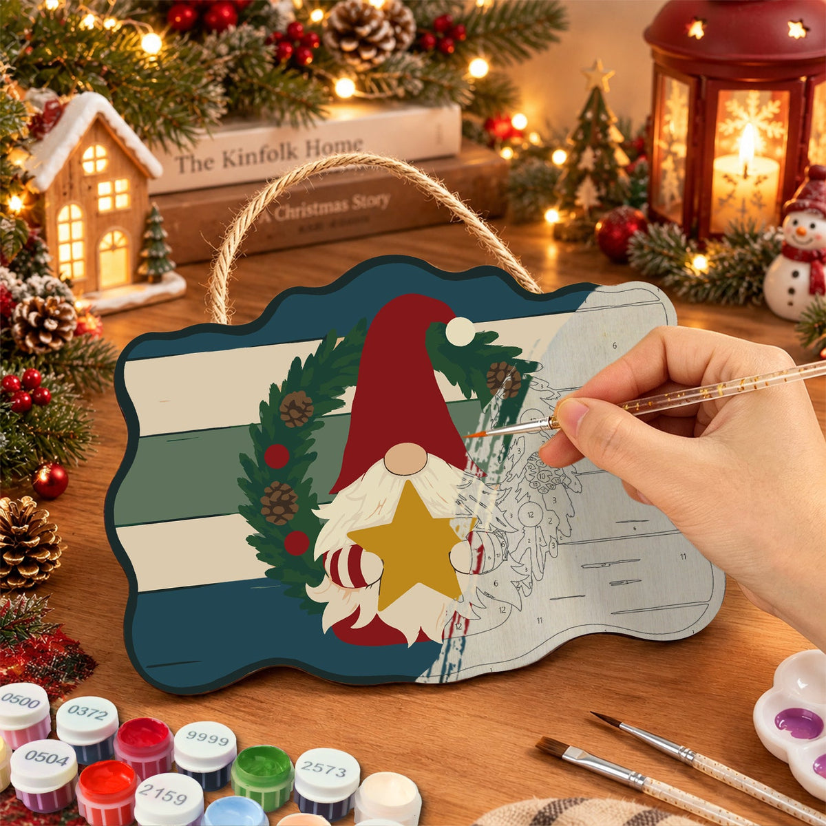 Gnome with star paint by numbers door hanger painting process