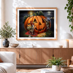 Finished gnomes carving a giant pumpkin cross stitch artwork displayed